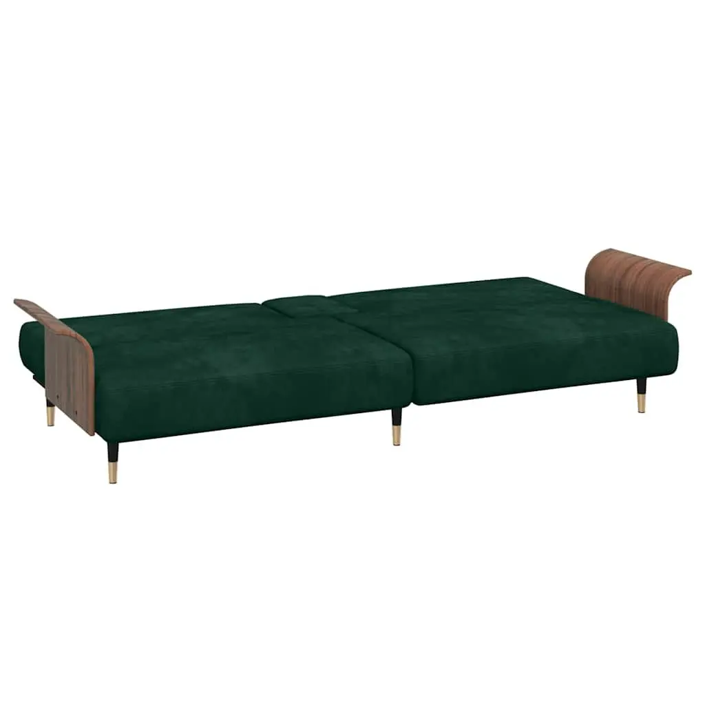Sofa Bed Green Velvet Adjustable Backrest Foldable Tea Table with Cup Holders and USB Ports