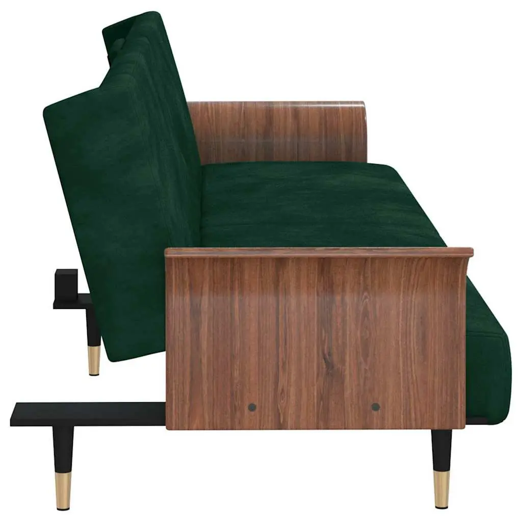 Sofa Bed Green Velvet Adjustable Backrest Foldable Tea Table with Cup Holders and USB Ports