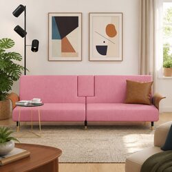 Pink Velvet Sofa Bed with Adjustable Backrest Cup Holders Foldable Tea Table