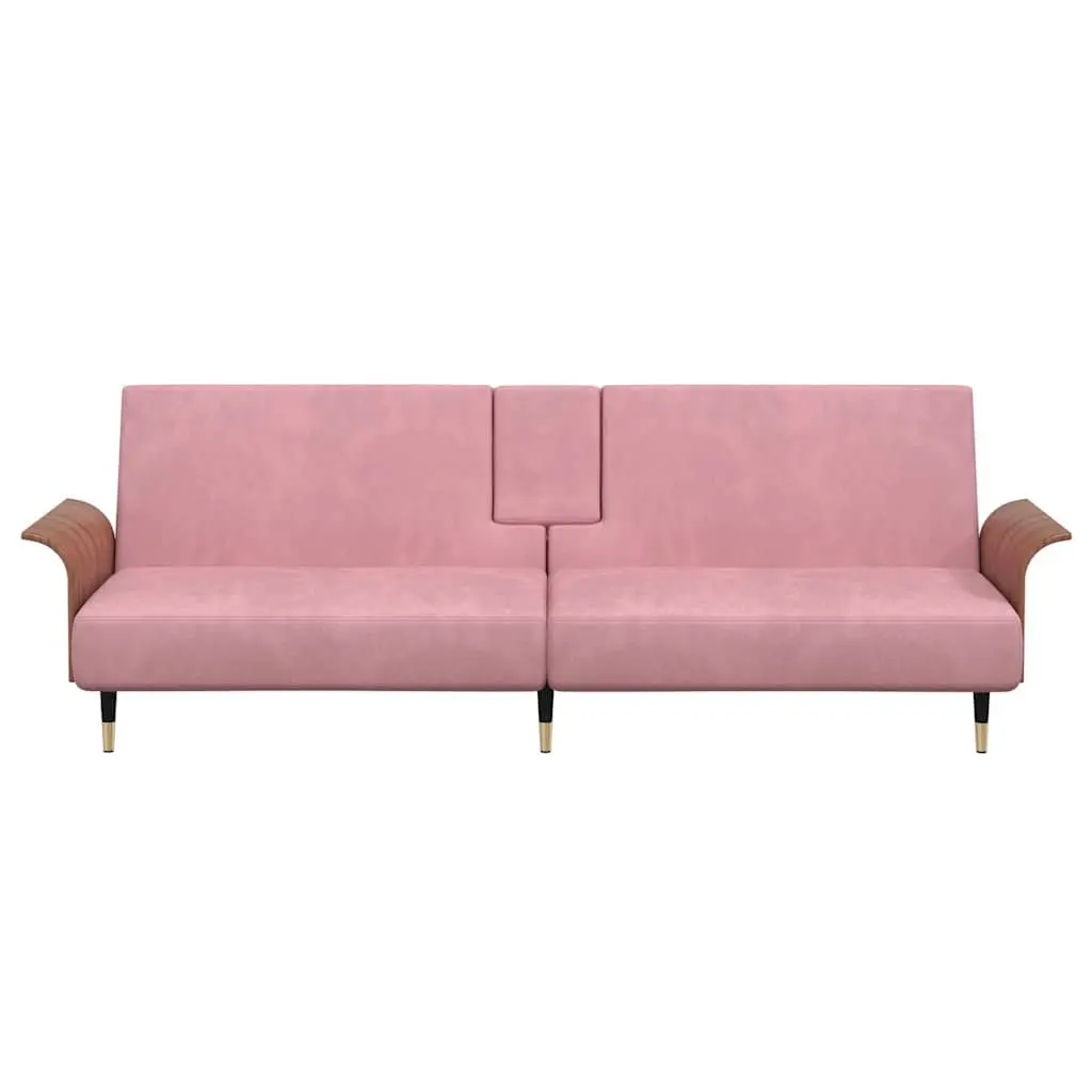 Sofa Bed Adjustable Backrest Pink Velvet with Foldable Tea Table and Cup Holders
