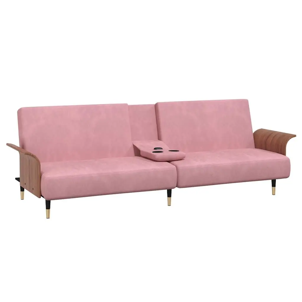 Sofa Bed Adjustable Backrest Pink Velvet with Foldable Tea Table and Cup Holders