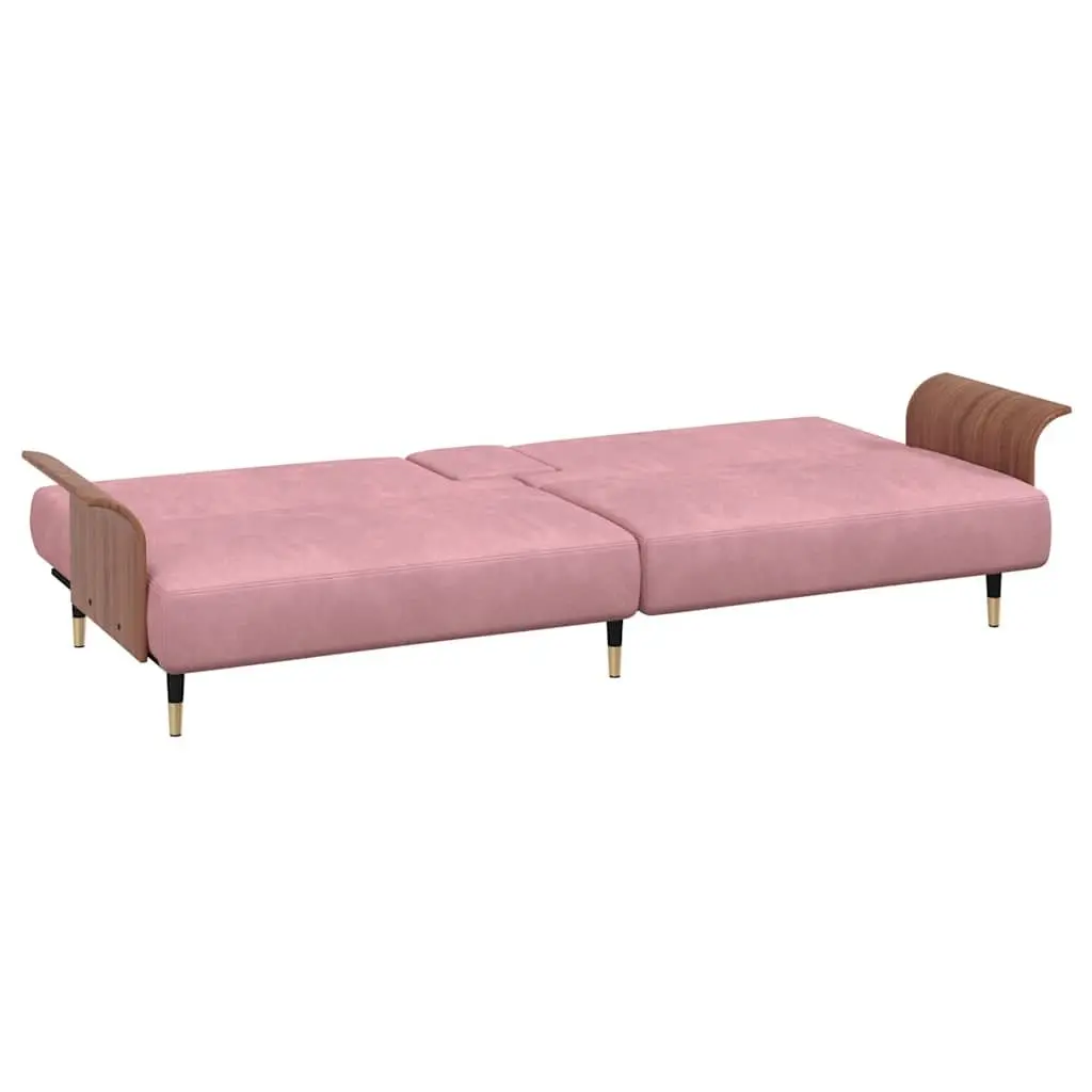 Sofa Bed Adjustable Backrest Pink Velvet with Foldable Tea Table and Cup Holders