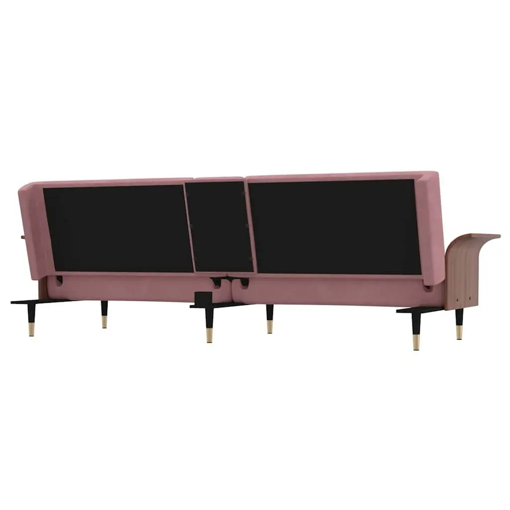 Sofa Bed Adjustable Backrest Pink Velvet with Foldable Tea Table and Cup Holders
