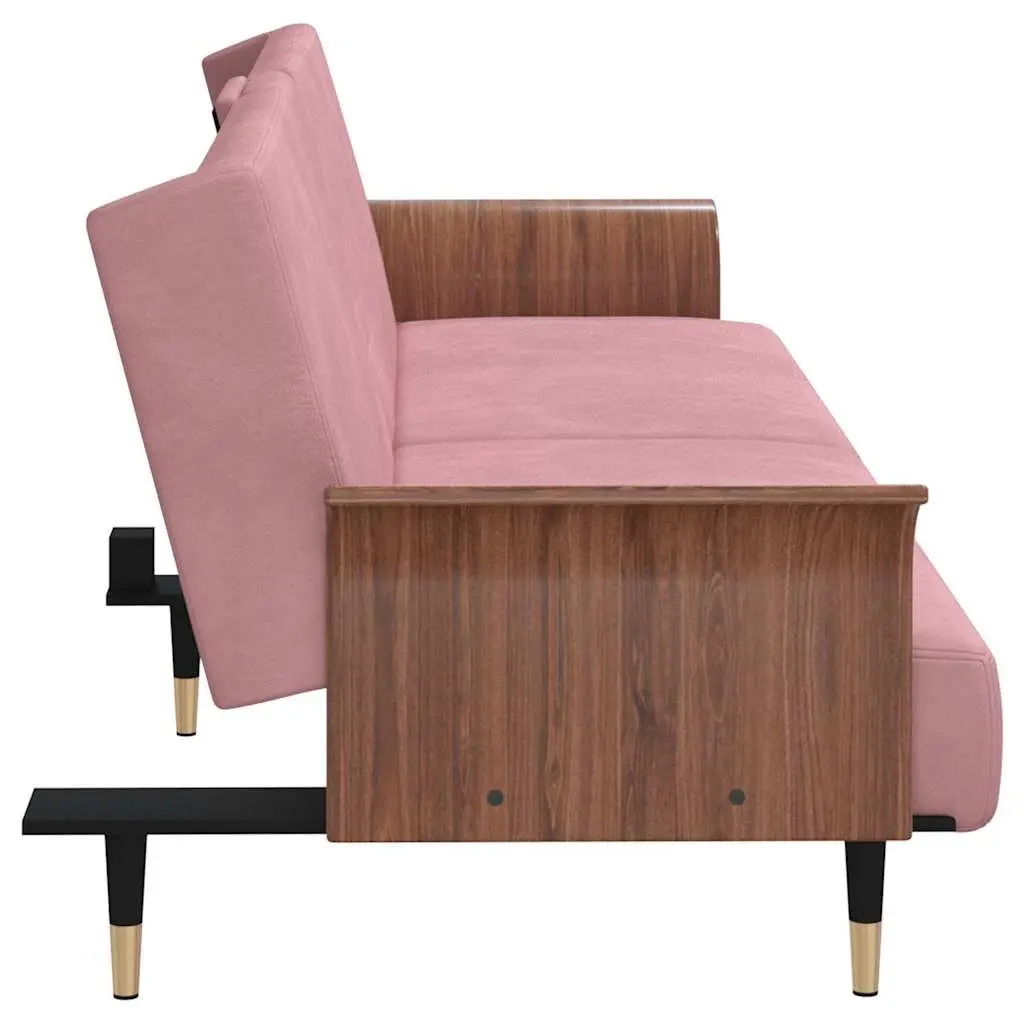Sofa Bed Adjustable Backrest Pink Velvet with Foldable Tea Table and Cup Holders