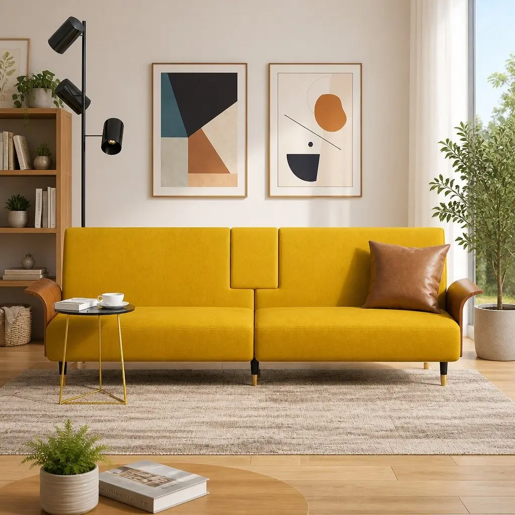 Sofa Bed Adjustable Backrest Yellow Velvet with Foldable Tea Table and Cup Holders