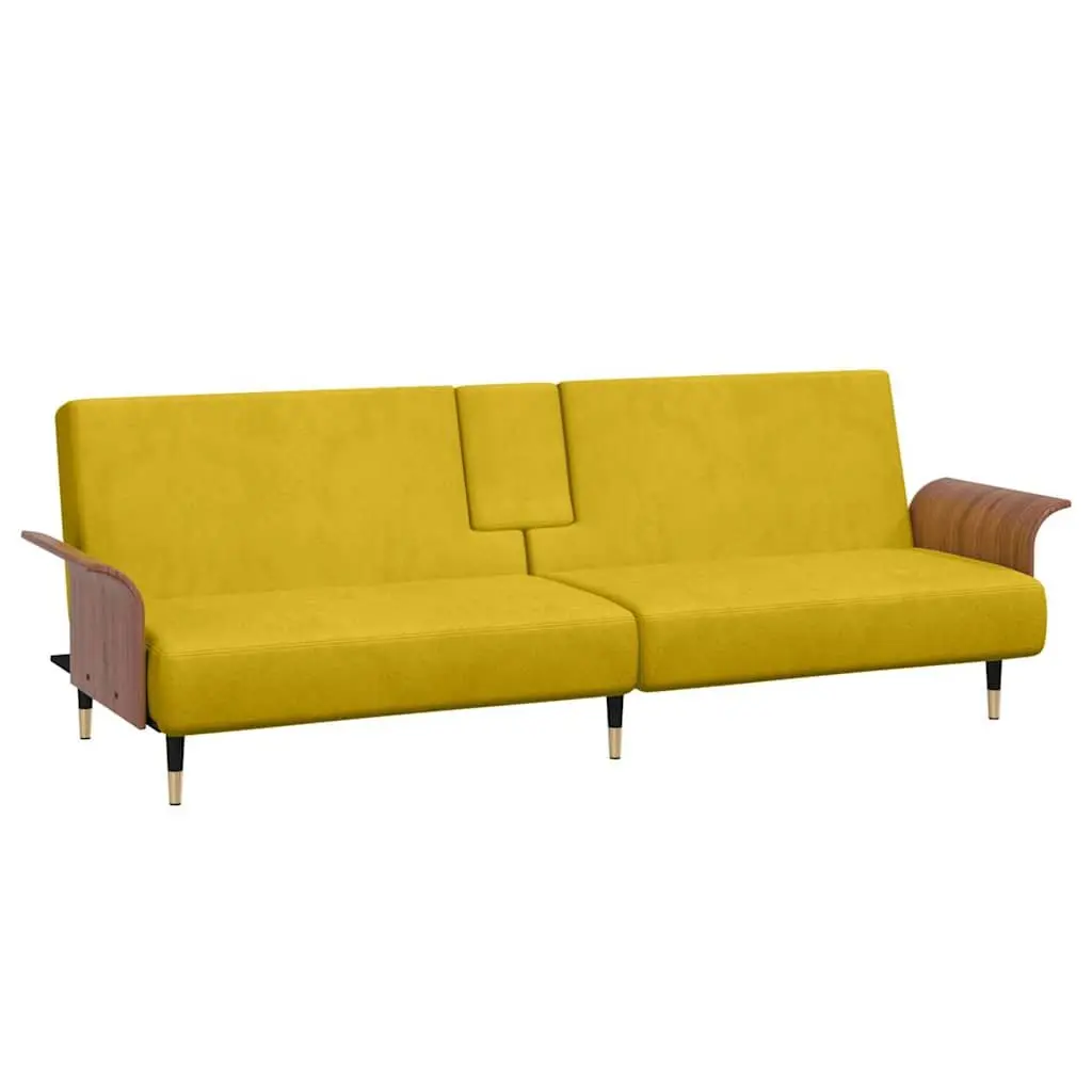 Sofa Bed Adjustable Backrest Yellow Velvet with Foldable Tea Table and Cup Holders