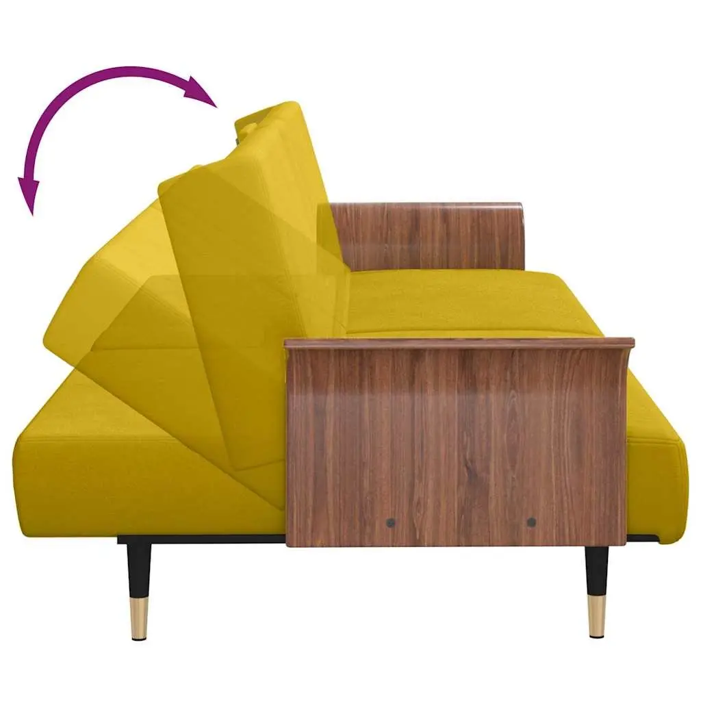 Sofa Bed Adjustable Backrest Yellow Velvet with Foldable Tea Table and Cup Holders