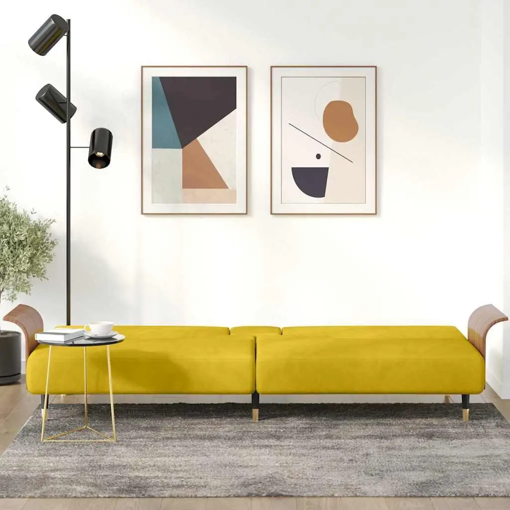 Sofa Bed Adjustable Backrest Yellow Velvet with Foldable Tea Table and Cup Holders