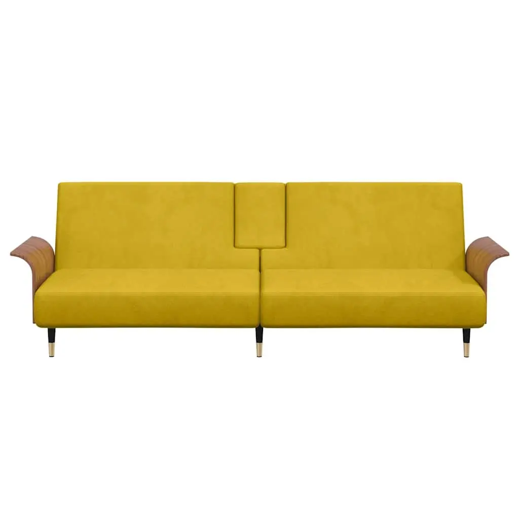 Sofa Bed Adjustable Backrest Yellow Velvet with Foldable Tea Table and Cup Holders