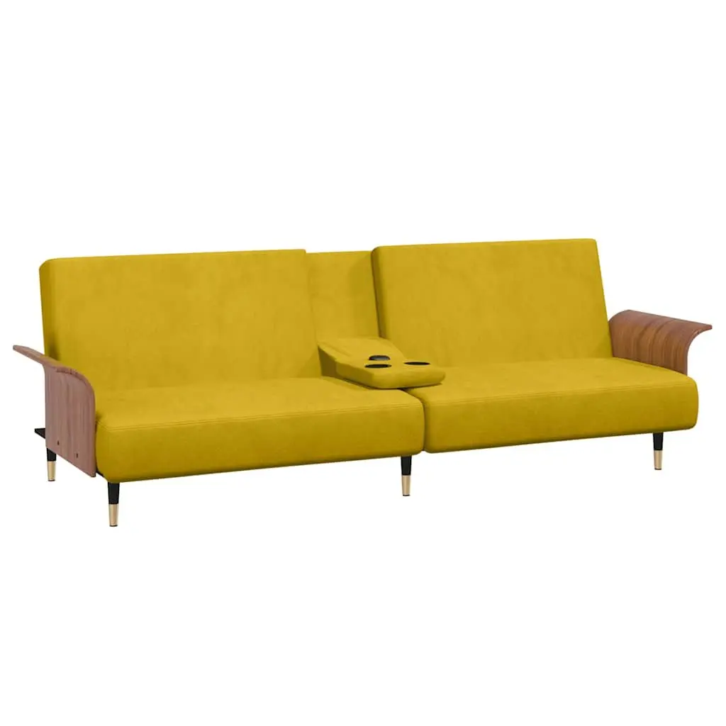Sofa Bed Adjustable Backrest Yellow Velvet with Foldable Tea Table and Cup Holders