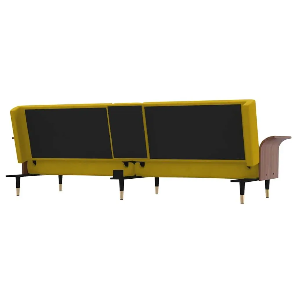 Sofa Bed Adjustable Backrest Yellow Velvet with Foldable Tea Table and Cup Holders