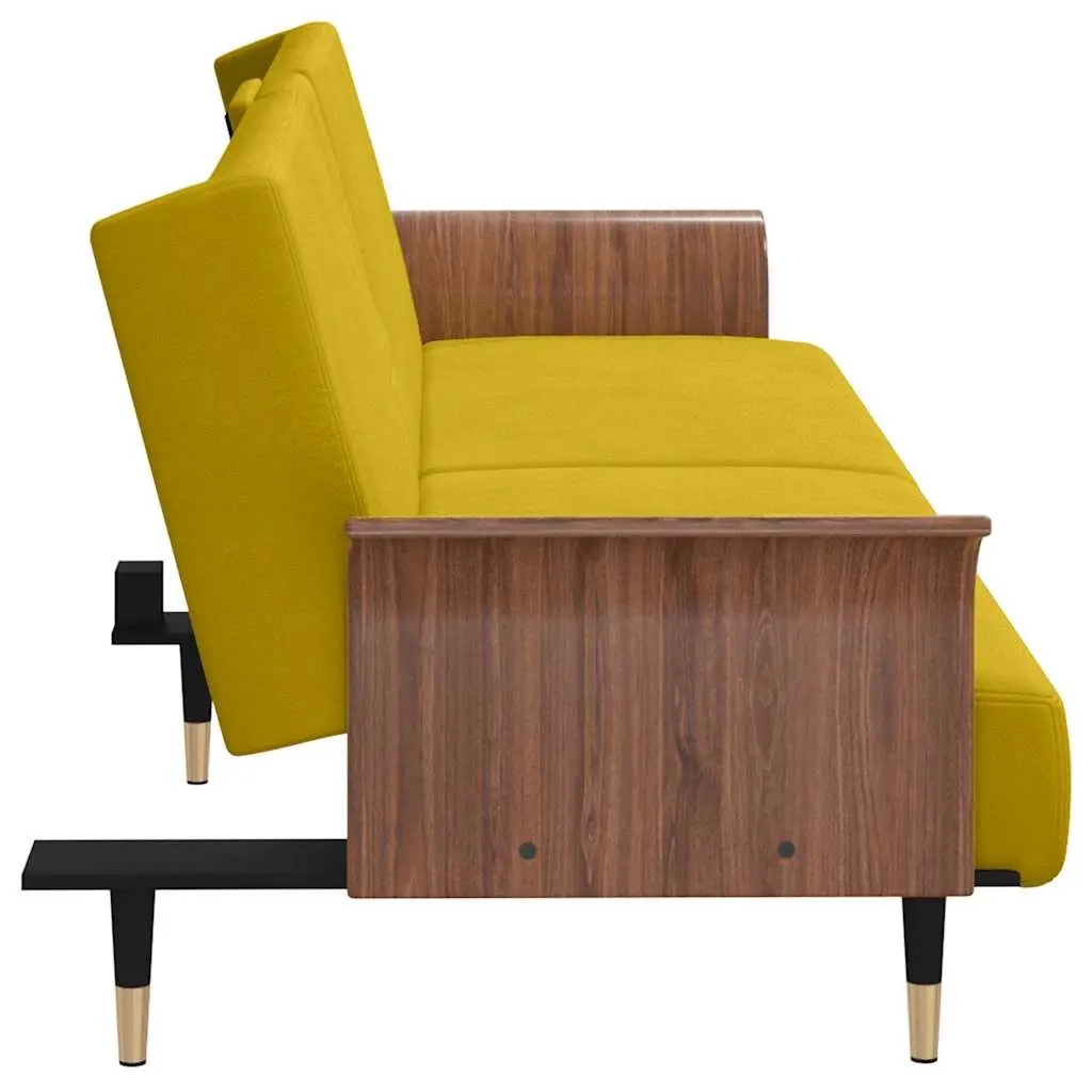 Sofa Bed Adjustable Backrest Yellow Velvet with Foldable Tea Table and Cup Holders