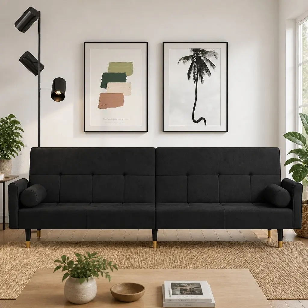 Sofa Bed with Cushions Black Velvet Adjustable Backrest Sleeper Couch Guest Bed