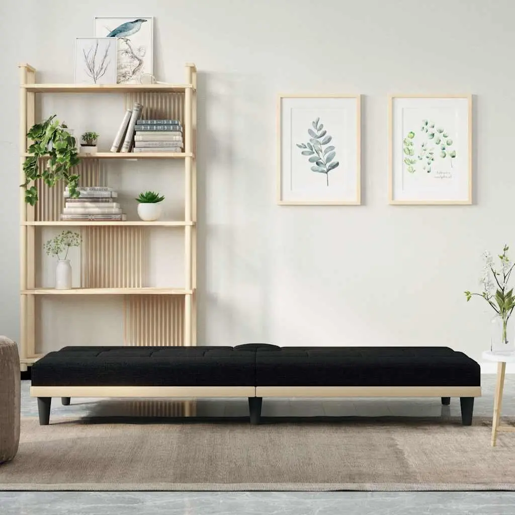 Sofa Bed Adjustable Backrest Black Fabric Foldable Tea Table with Cup Holders and USB Charging Ports