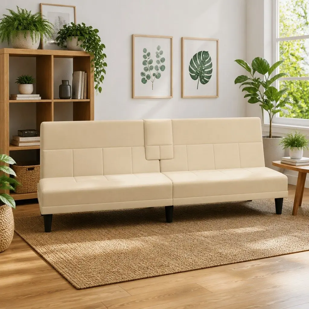 Sofa Bed Adjustable Backrest Cream Fabric Sleeper Couch