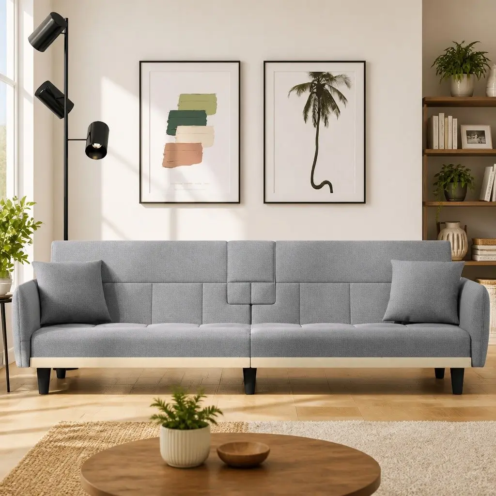 Sofa Bed Grey Fabric Adjustable Backrest Cup Holders Sleeper Couch Guest Seating