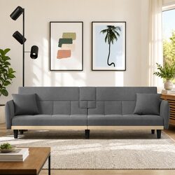 Sofa Bed with Cup Holders Adjustable Backrest Foldable Tea Table Grey Fabric