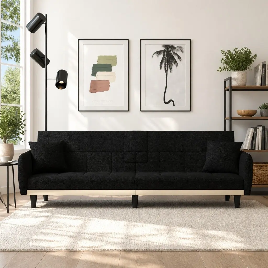 Sofa Bed Black Fabric Adjustable Backrest Cup Holders Tea Table USB Charging
