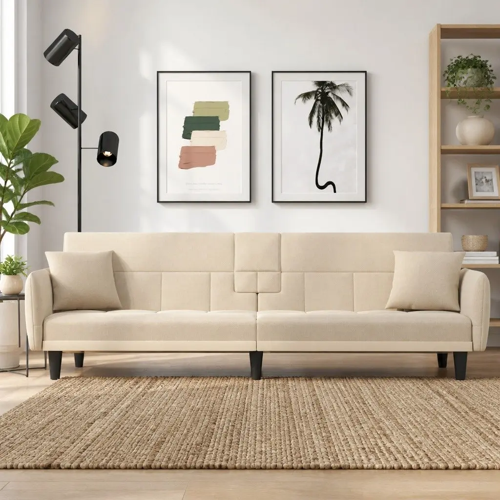 Cream Fabric Sofa Bed with Tea Table and USBs