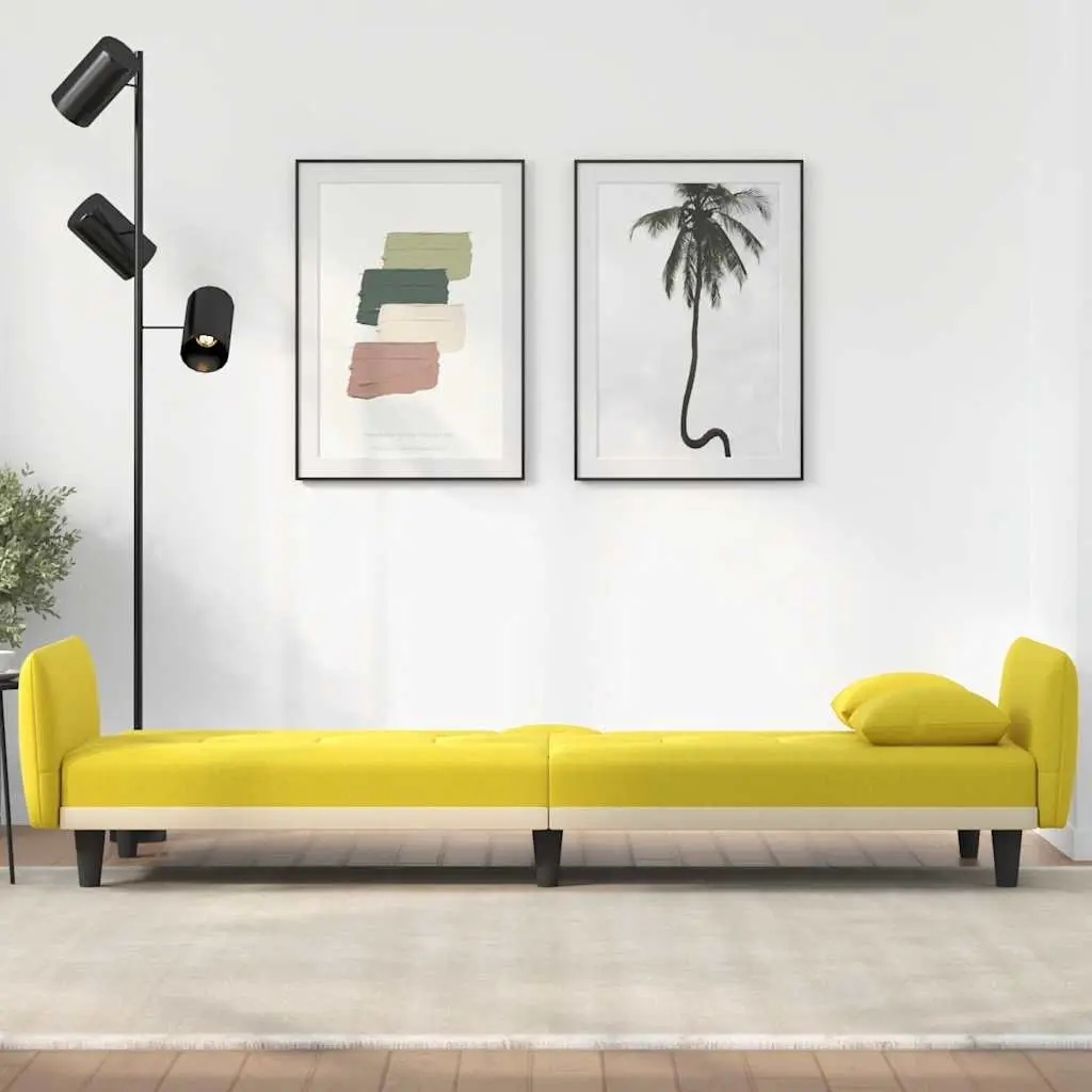 Sofa Bed with Adjustable Backrest Cup Holders USB Ports Yellow Fabric Sleeper