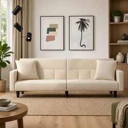 Sofa Bed with Cushions Cream Fabric Adjustable Backrest Sleeper Couch Day Bed