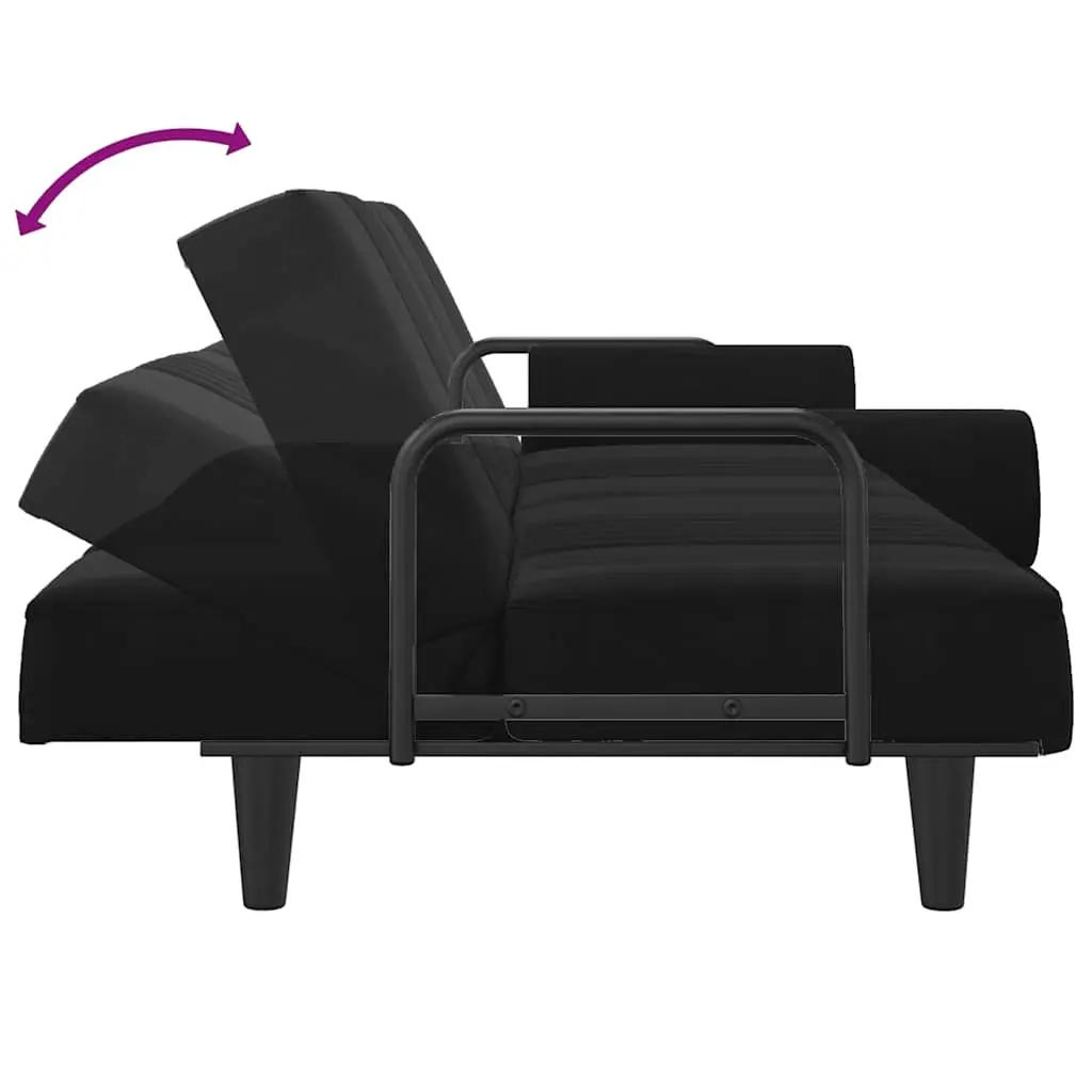 Sofa Bed with Armrests Black Velvet Adjustable Backrest Sleeper Couch Guest Bed