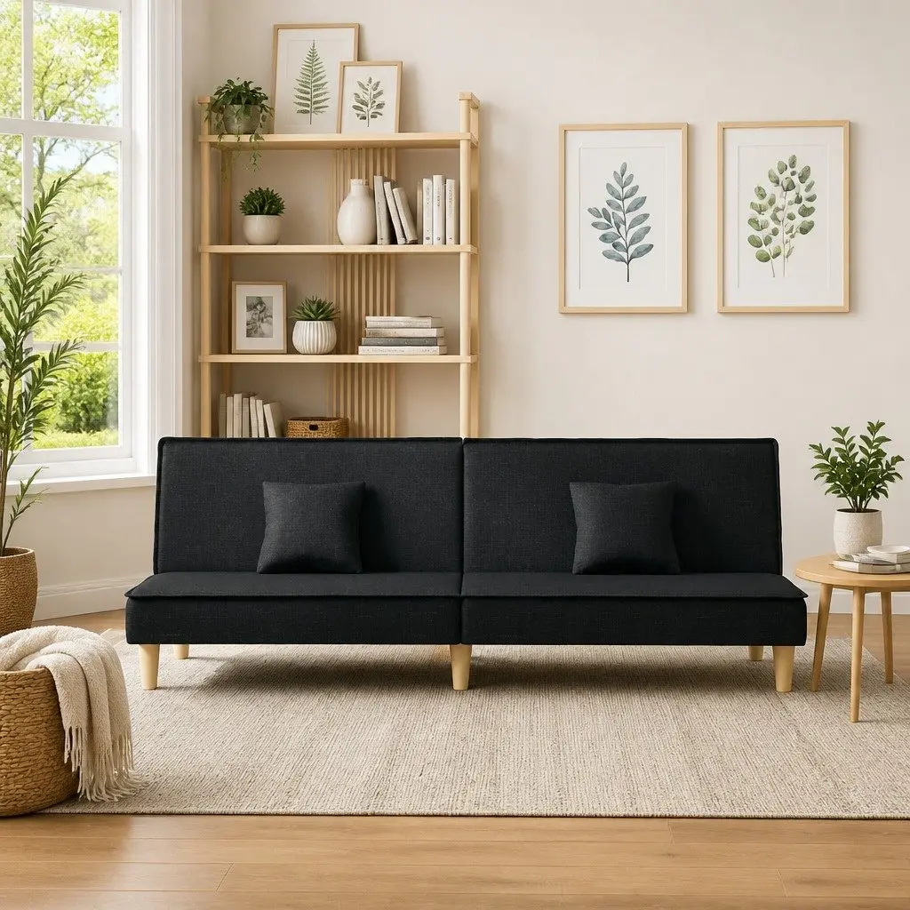 Black Fabric Sofa Bed with Pillows Included