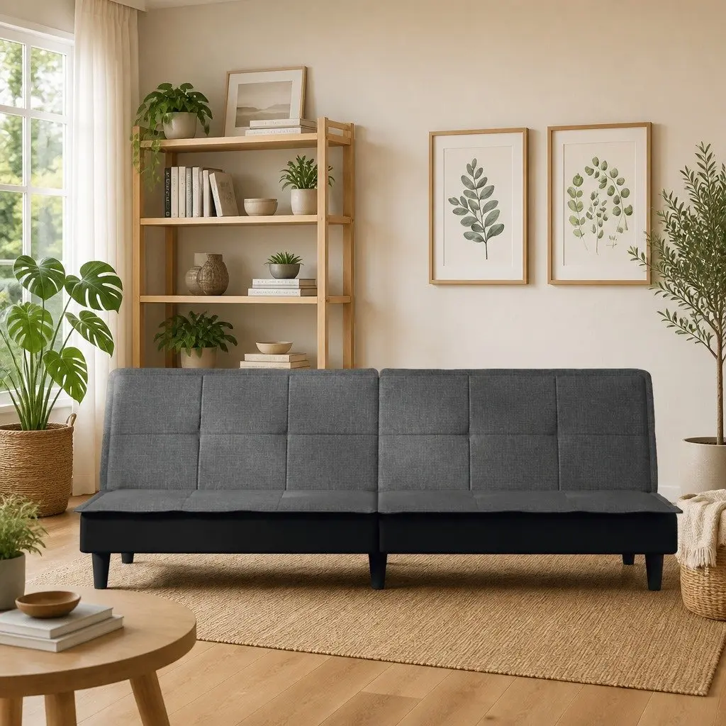 Sofa Bed Grey Fabric Adjustable Backrest Sleeper Couch