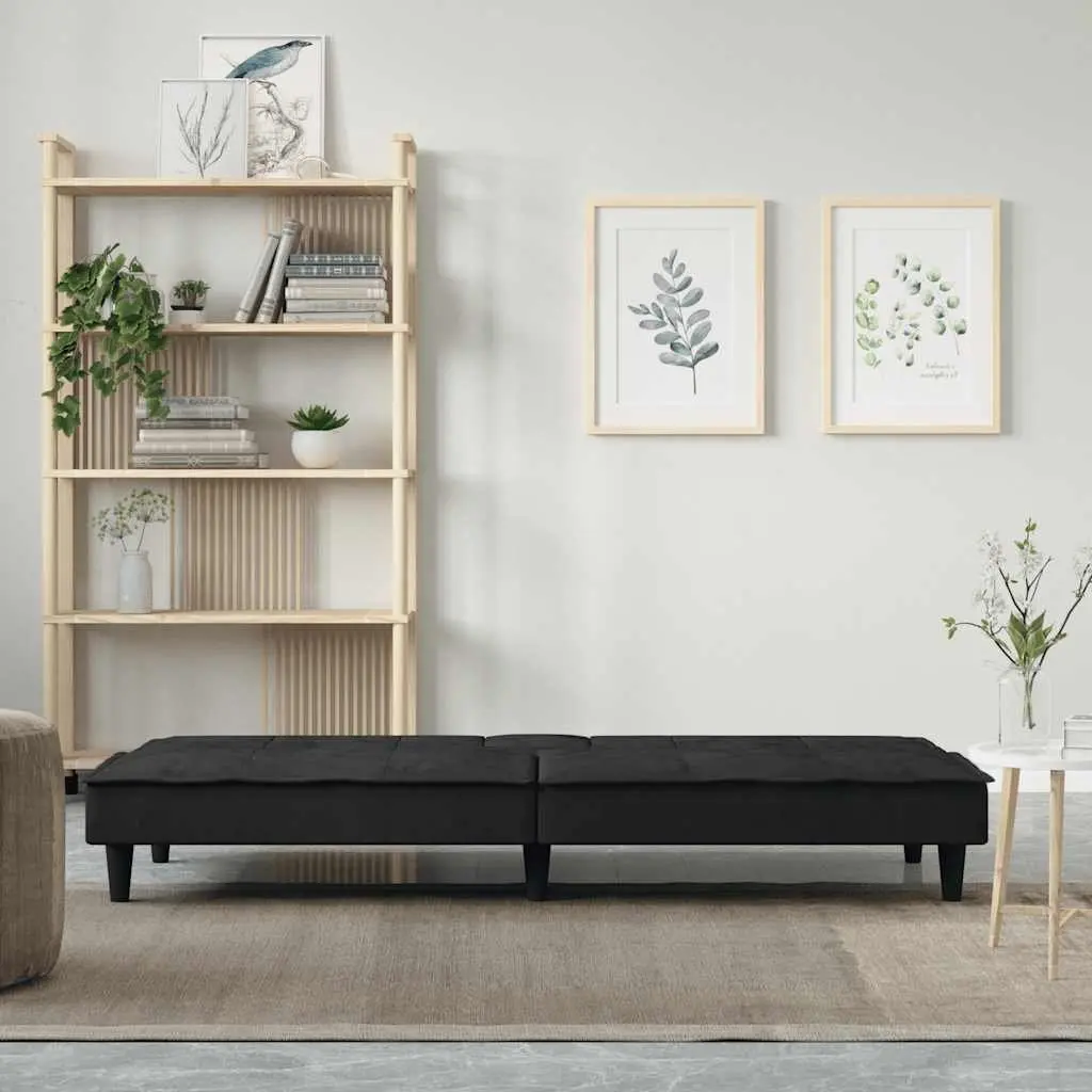Sofa Bed with Cup Holders Adjustable Backrest Black Velvet Sleeper Couch