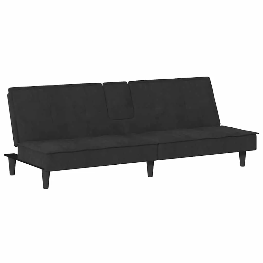 Sofa Bed with Cup Holders Adjustable Backrest Black Velvet Sleeper Couch
