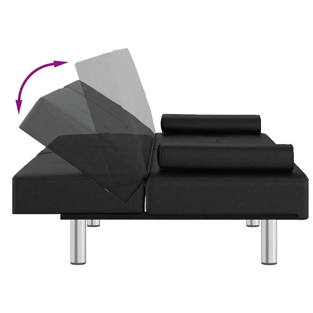 Sofa Bed Black Faux Leather Adjustable Backrest with Cup Holders