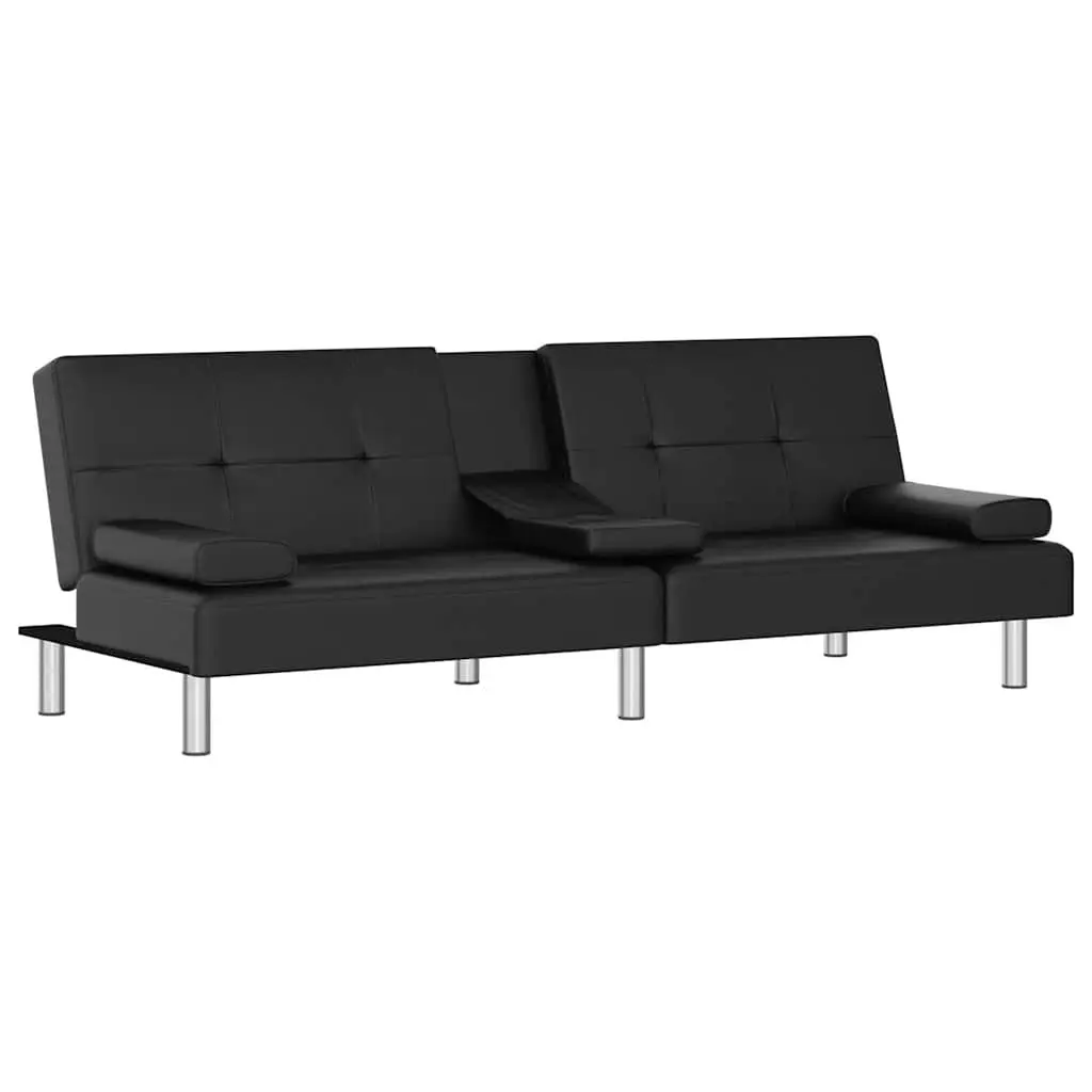 Sofa Bed Black Faux Leather Adjustable Backrest with Cup Holders