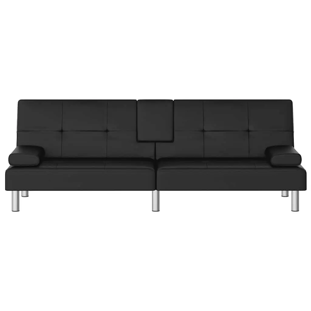Sofa Bed Black Faux Leather Adjustable Backrest with Cup Holders