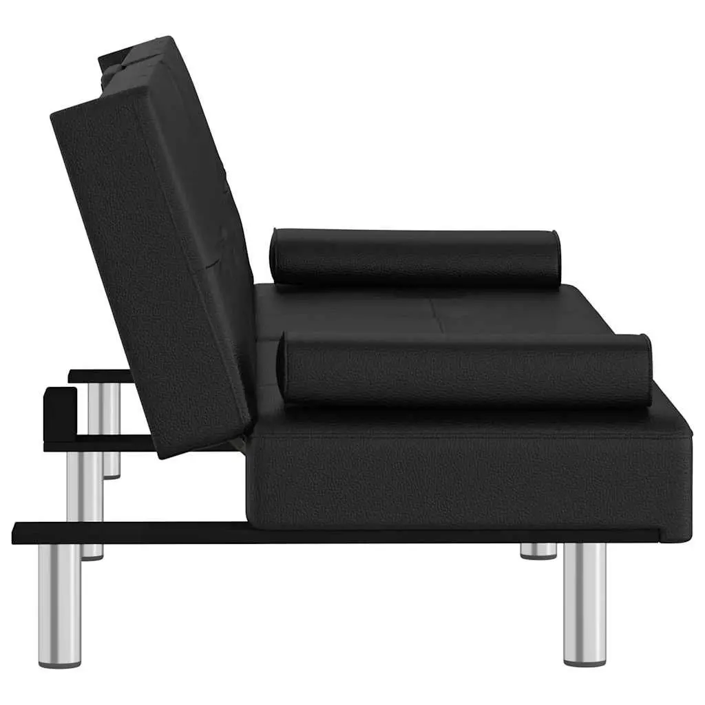 Sofa Bed Black Faux Leather Adjustable Backrest with Cup Holders
