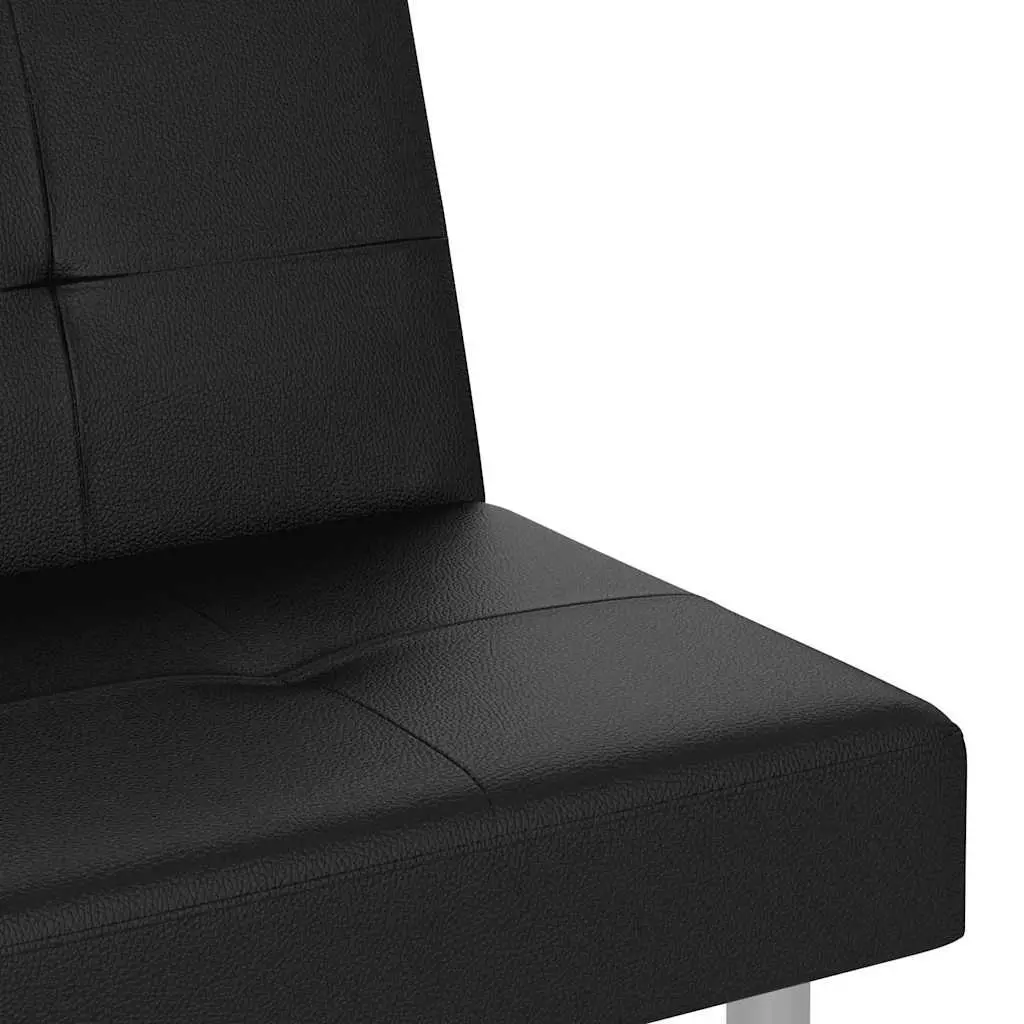Sofa Bed Black Faux Leather Adjustable Backrest with Cup Holders