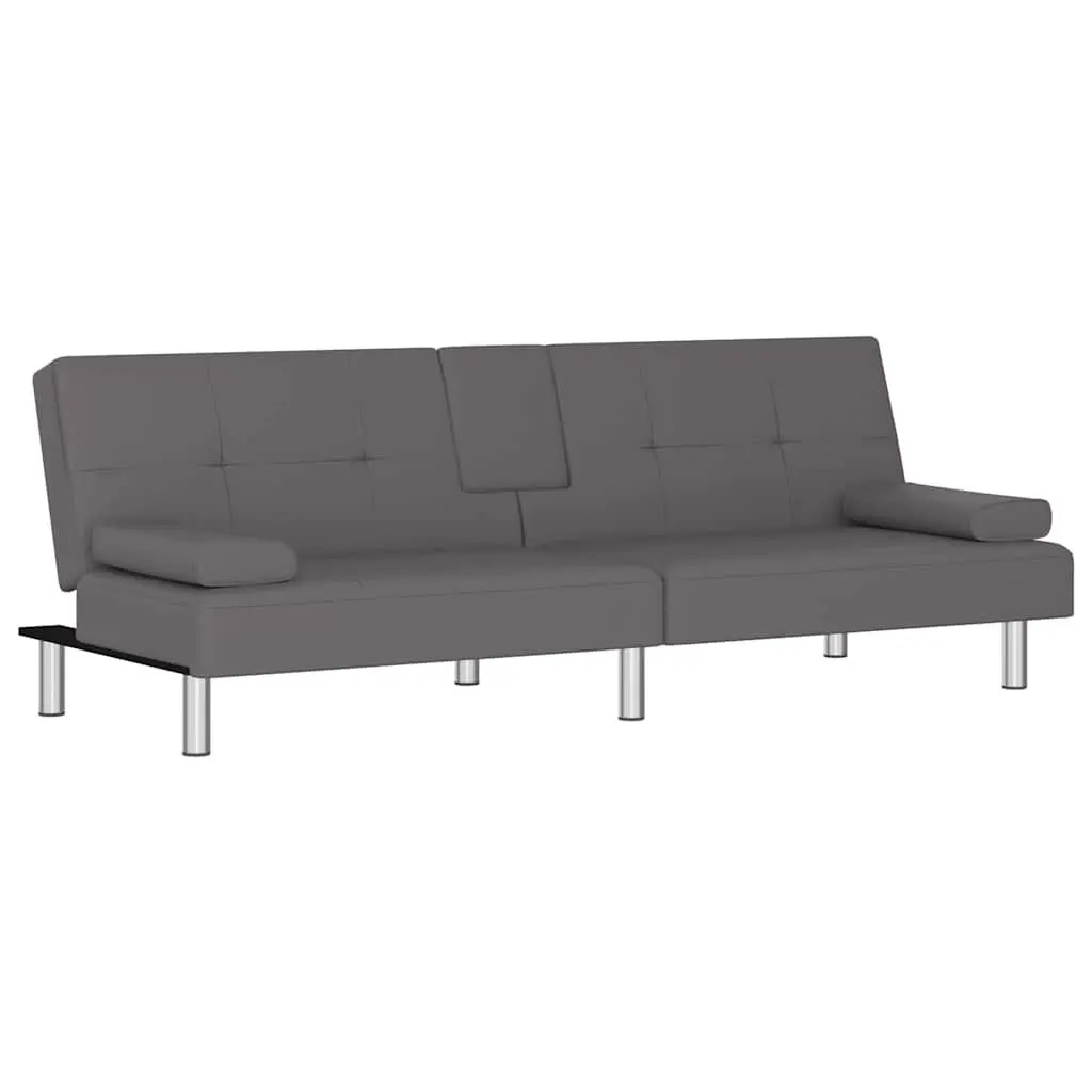 Sofa Bed Grey Faux Leather with Cup Holders Adjustable Backrest Recliner Couch