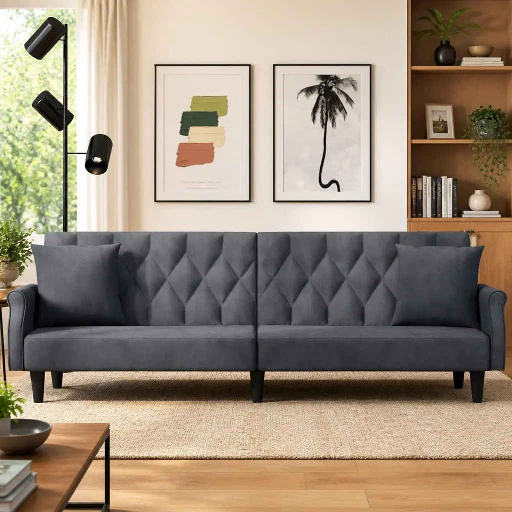 Sofa Bed Grey Velvet Adjustable Backrest Sleeper Couch