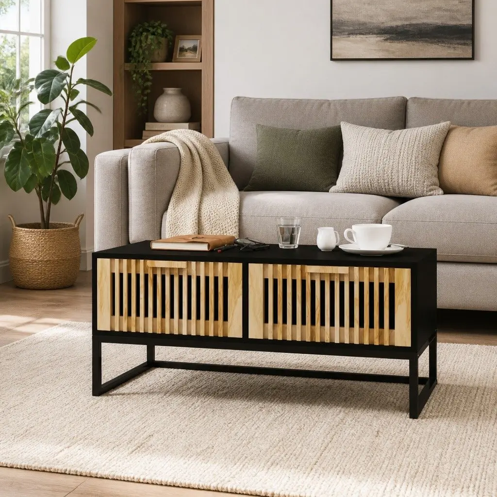 Coffee Table Black Storage 2 Drawers Engineered Wood