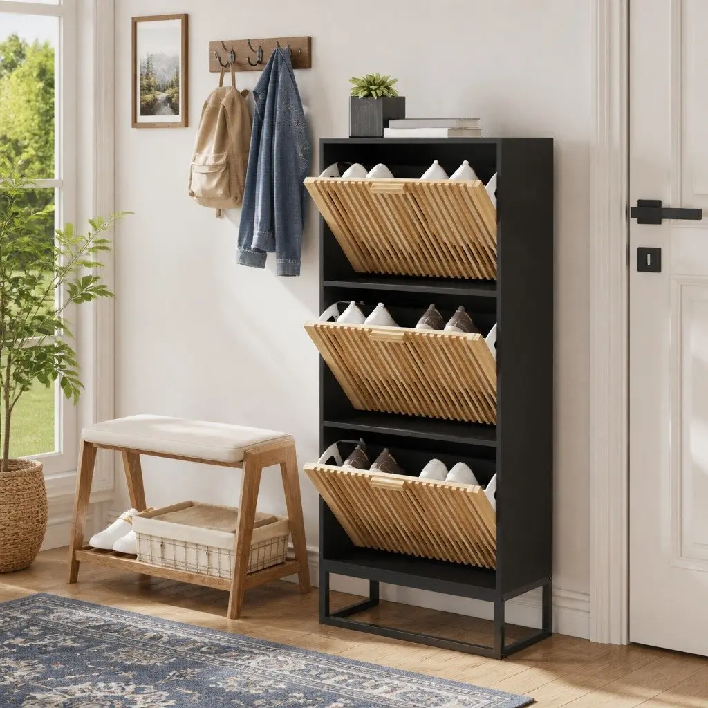 Shoe Cabinet Storage Organiser Rack Display Unit Black Engineered Wood 52W x 25D x 120H cm