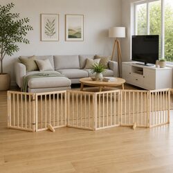 Dog Gate Foldable 6 Panel Poplar Wood Pet Barrier with Door Lock Safety Indoor