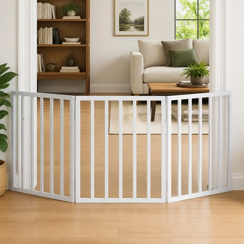 Foldable Dog Gate White 150cm 3 Panel Poplar Wood Pet Safety Barrier
