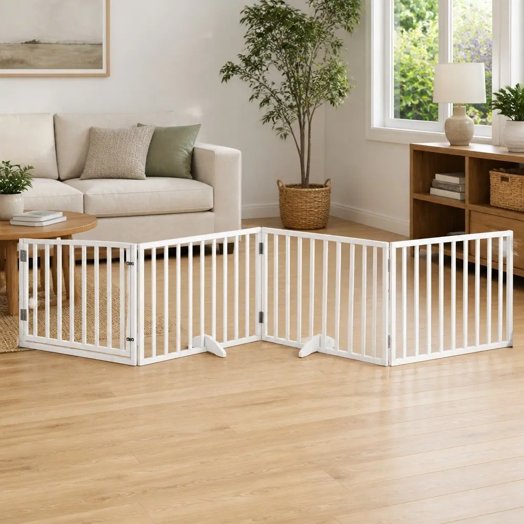 Foldable Dog Gate 4 Panels White Poplar Wood Pet Safety Barrier Door Enclosure