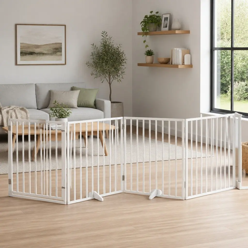 Dog Gate Foldable 4 Panels Pet Safety Barrier White Poplar Wood