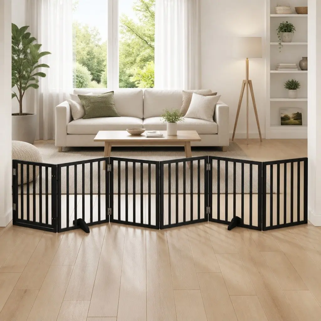 Dog Gate Foldable 6 Panels Black 300cm Poplar Wood Pet Safety Barrier