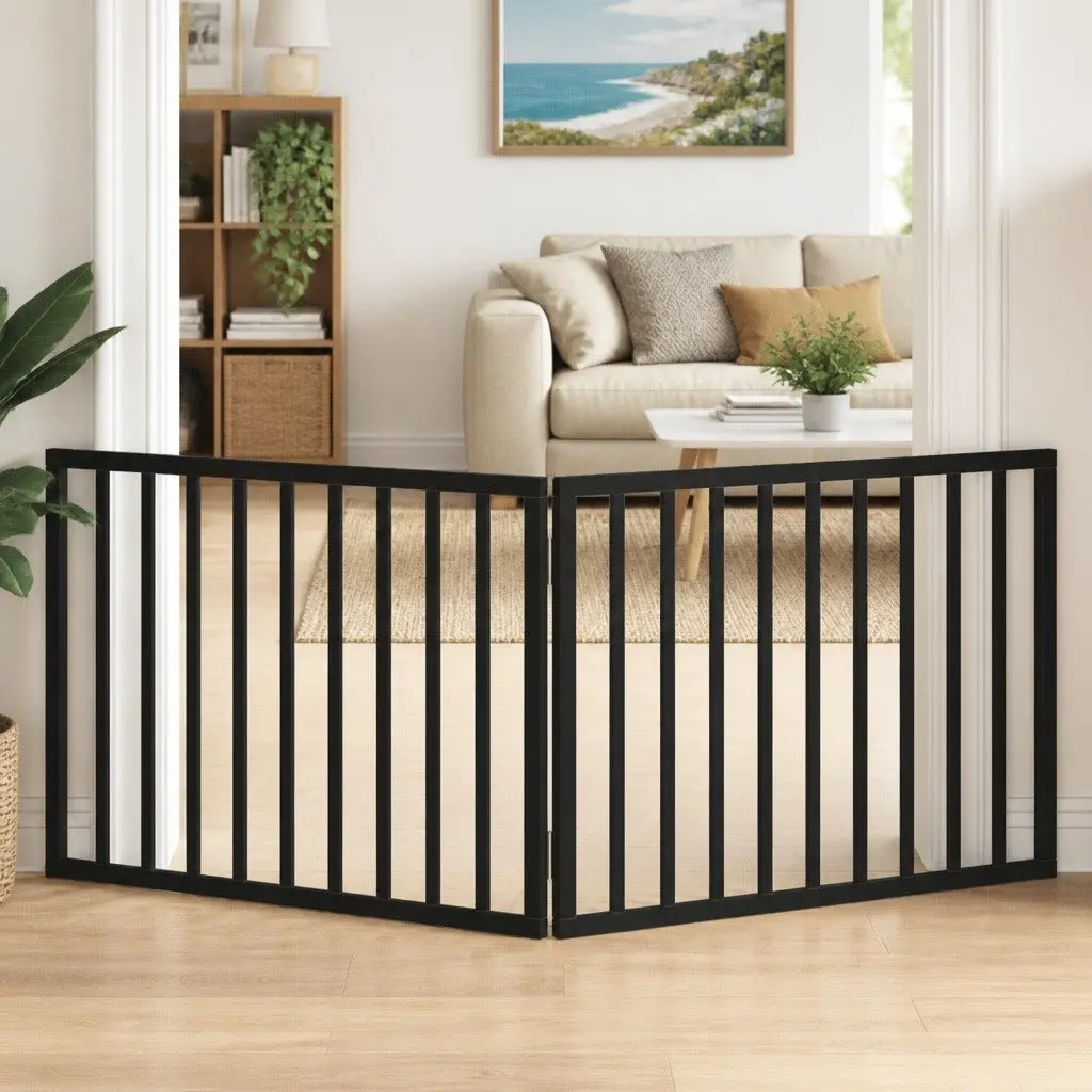 Dog Gate Foldable 2 Panels 160cm Black Poplar Wood Pet Safety Barrier