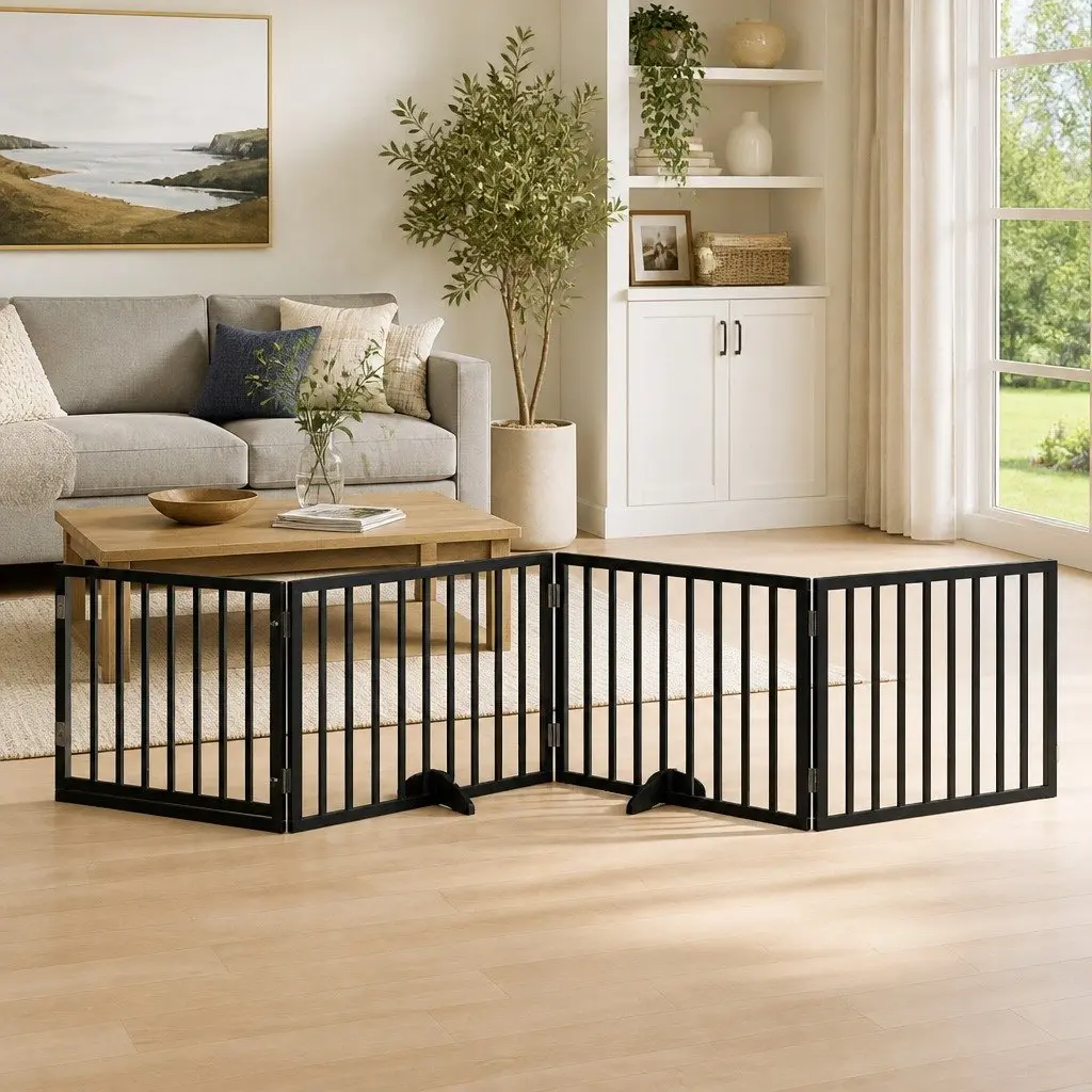 Dog Gate Foldable 4 Panels with Door Black Poplar Wood Pet Barrier