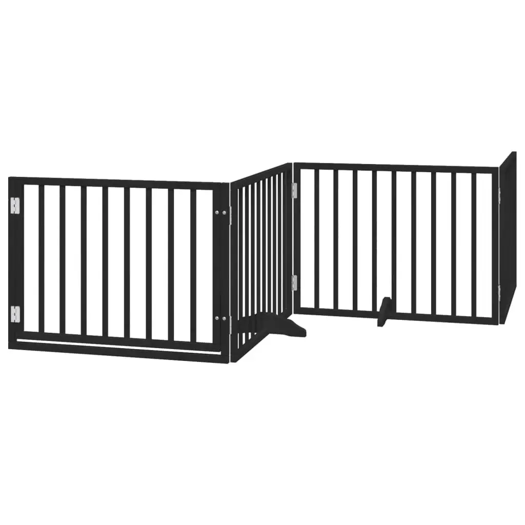 Dog Gate Foldable 4 Panels with Door Black Poplar Wood Pet Barrier
