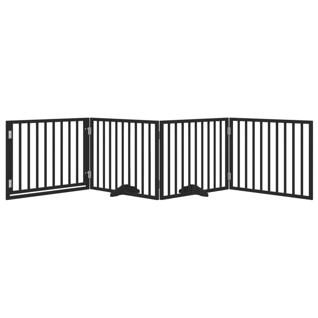 Dog Gate Foldable 4 Panels with Door Black Poplar Wood Pet Barrier