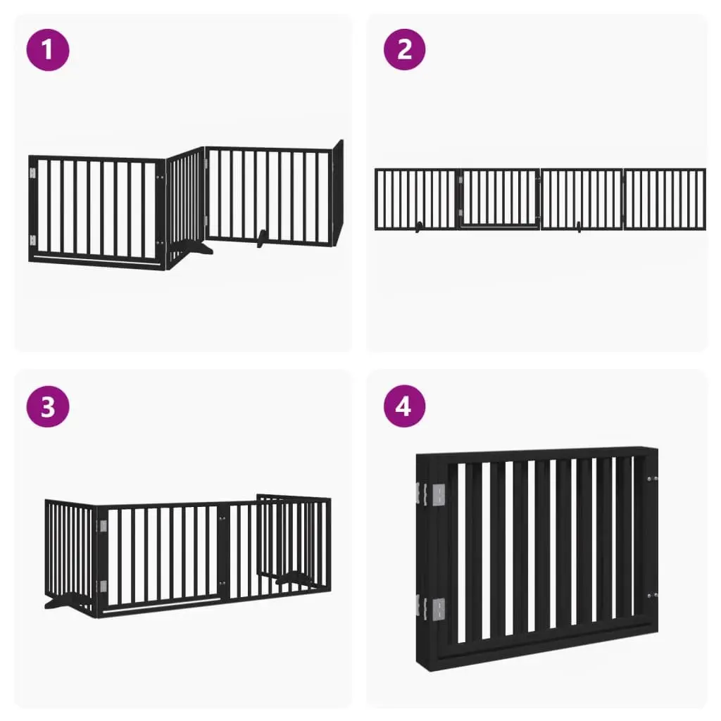 Dog Gate Foldable 4 Panels with Door Black Poplar Wood Pet Barrier