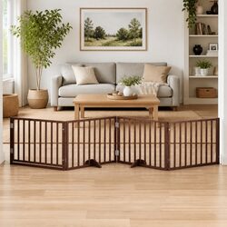 Dog Gate Foldable 4 Panels with Door Brown Poplar Wood Pet Safety Barrier